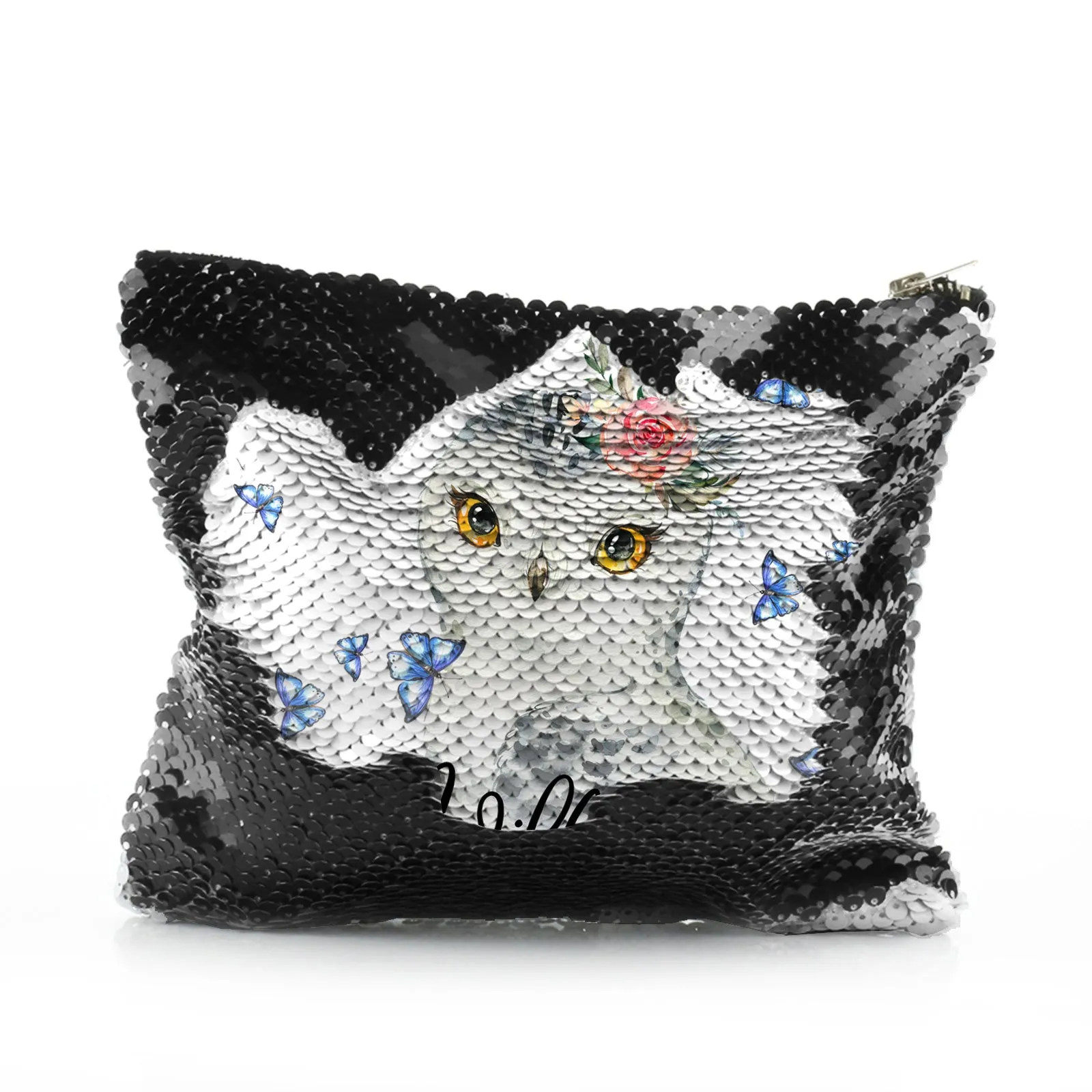 Personalised Sequin Zip Bag with Snow Owl Blue Butterfly and Cute Text