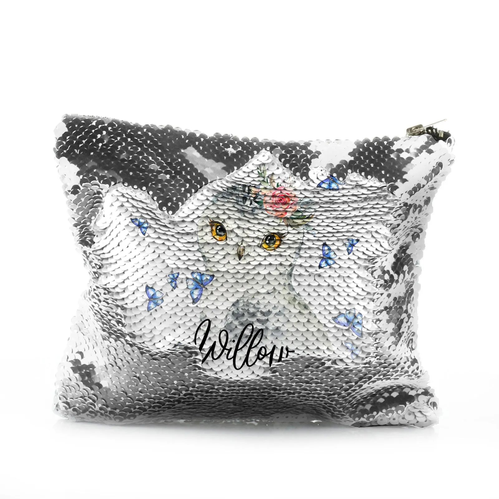 Personalised Sequin Zip Bag with Snow Owl Blue Butterfly and Cute Text