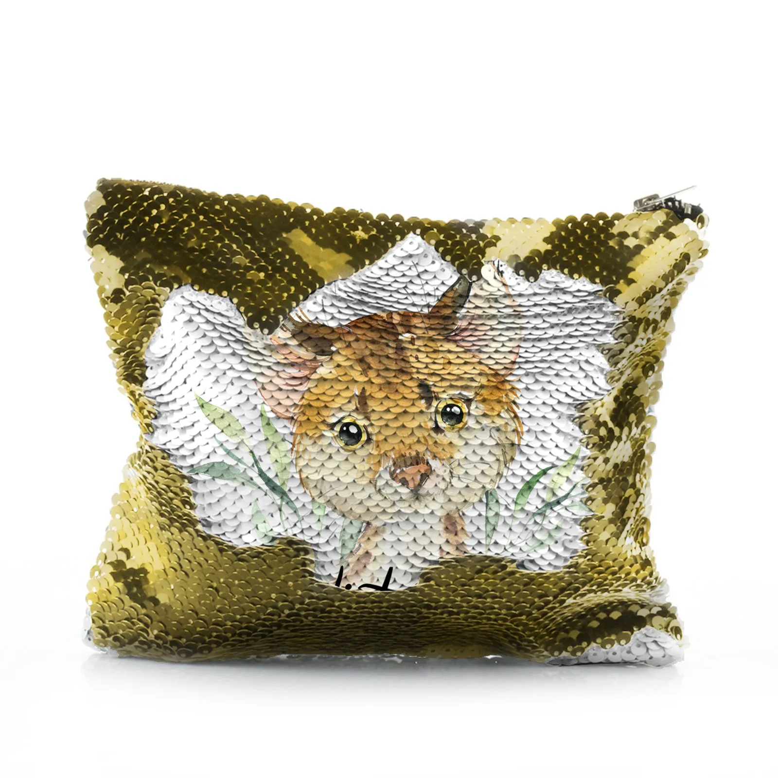 Personalised Sequin Zip Bag with Spot Cat and Leaves and Cute Text