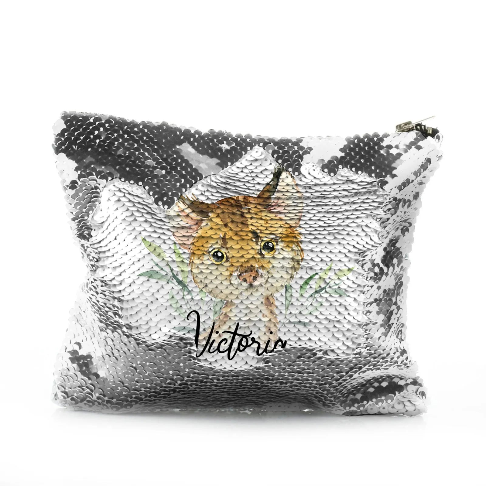 Personalised Sequin Zip Bag with Spot Cat and Leaves and Cute Text