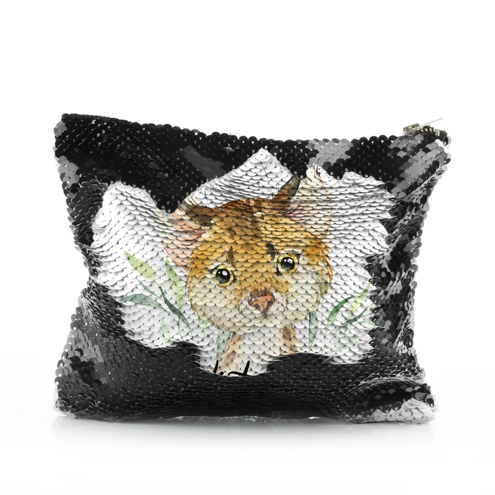 Personalised Sequin Zip Bag with Spot Cat and Leaves and Cute Text