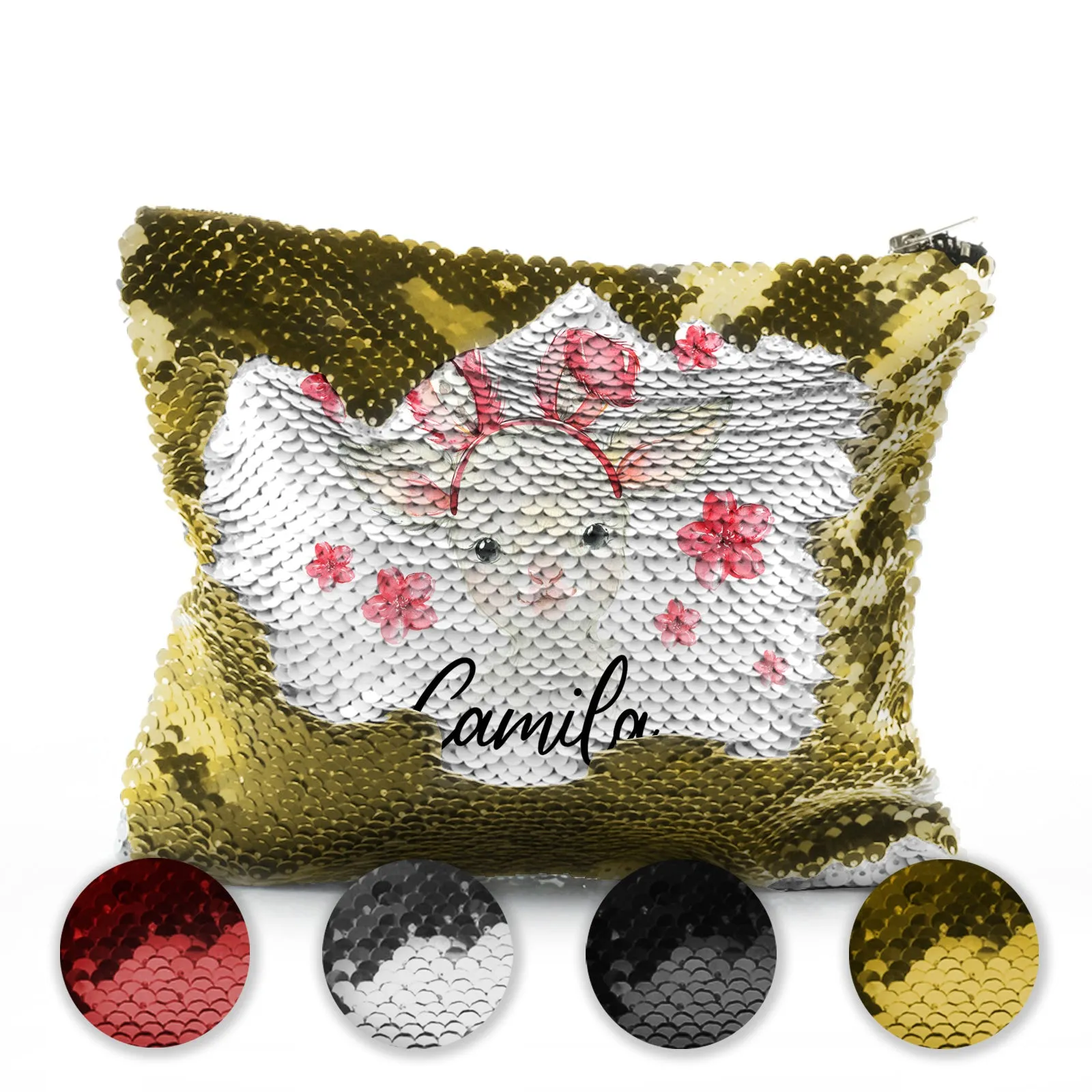 Personalised Sequin Zip Bag with White Lamb Pink Bunny Ears and Flowers and Cute Text