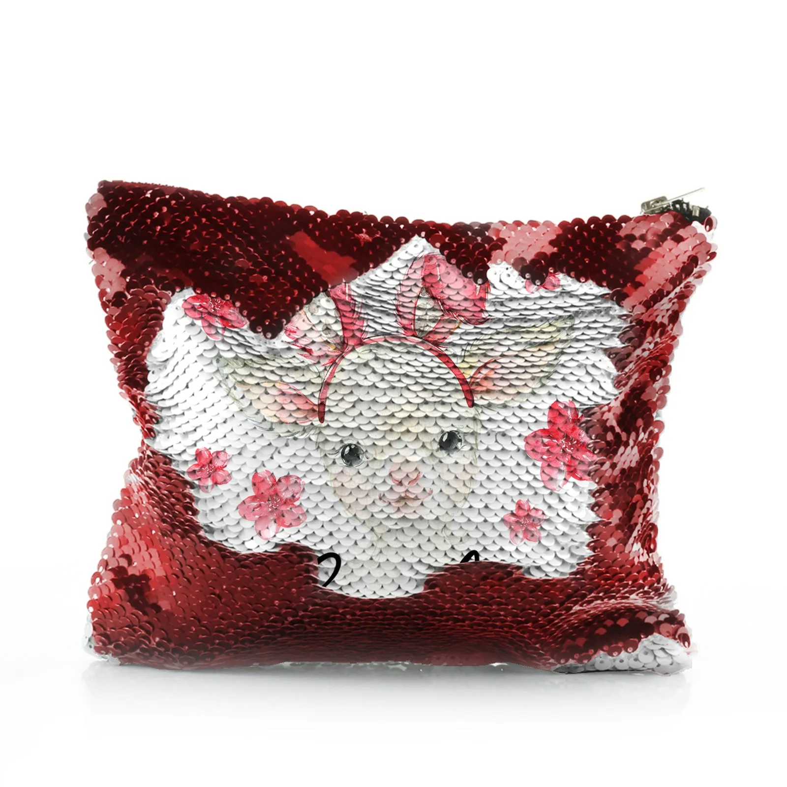 Personalised Sequin Zip Bag with White Lamb Pink Bunny Ears and Flowers and Cute Text