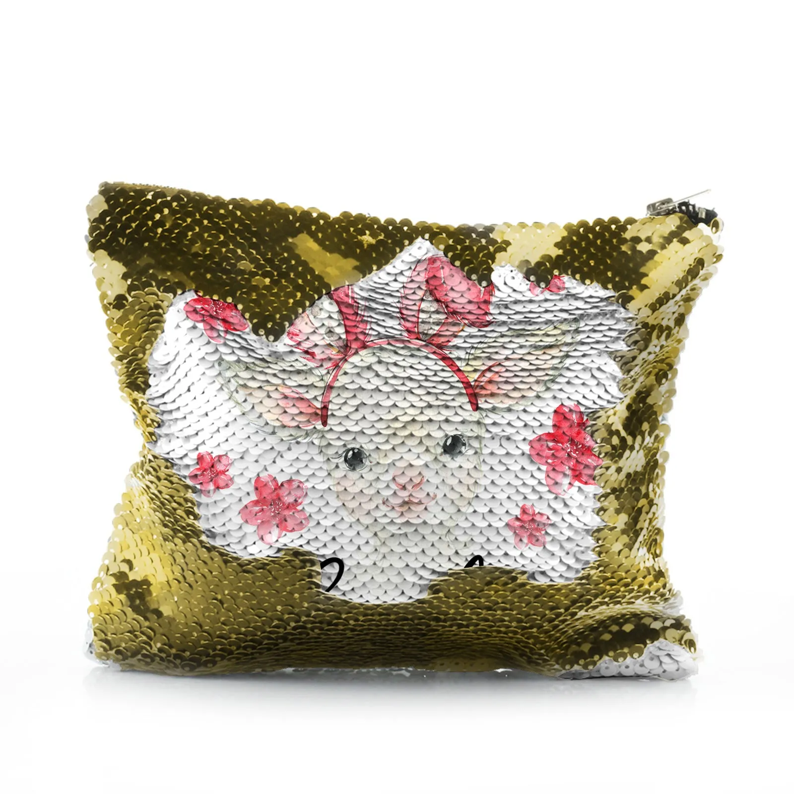 Personalised Sequin Zip Bag with White Lamb Pink Bunny Ears and Flowers and Cute Text