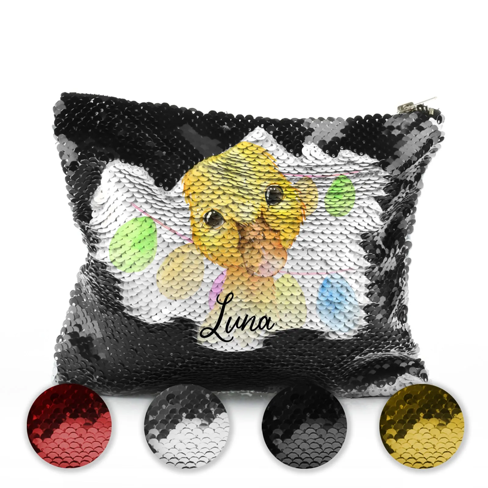Personalised Sequin Zip Bag with Yellow Duck Multicolour Buntin and Cute Text