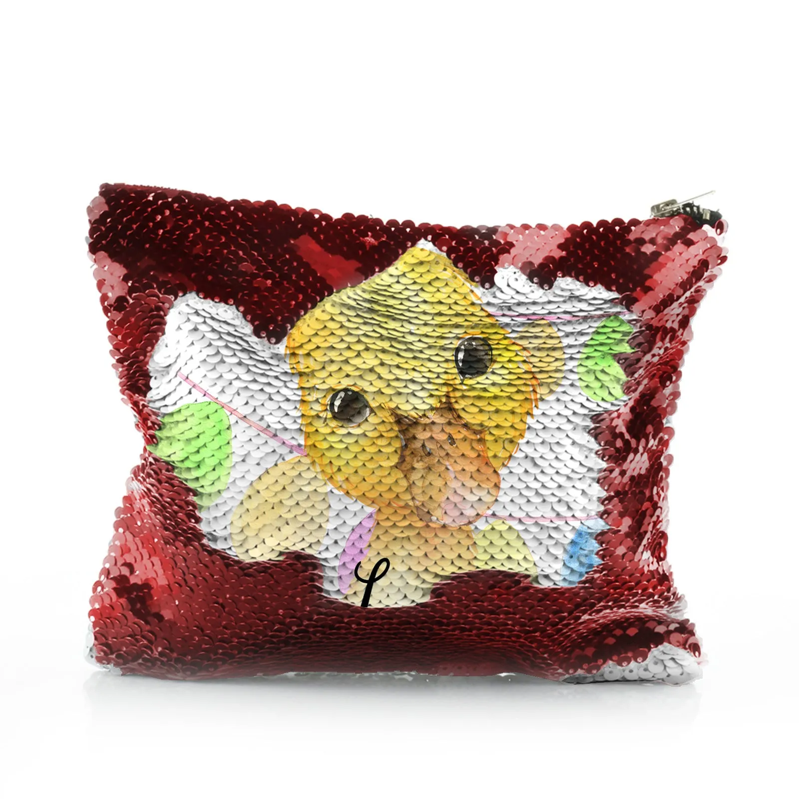 Personalised Sequin Zip Bag with Yellow Duck Multicolour Buntin and Cute Text
