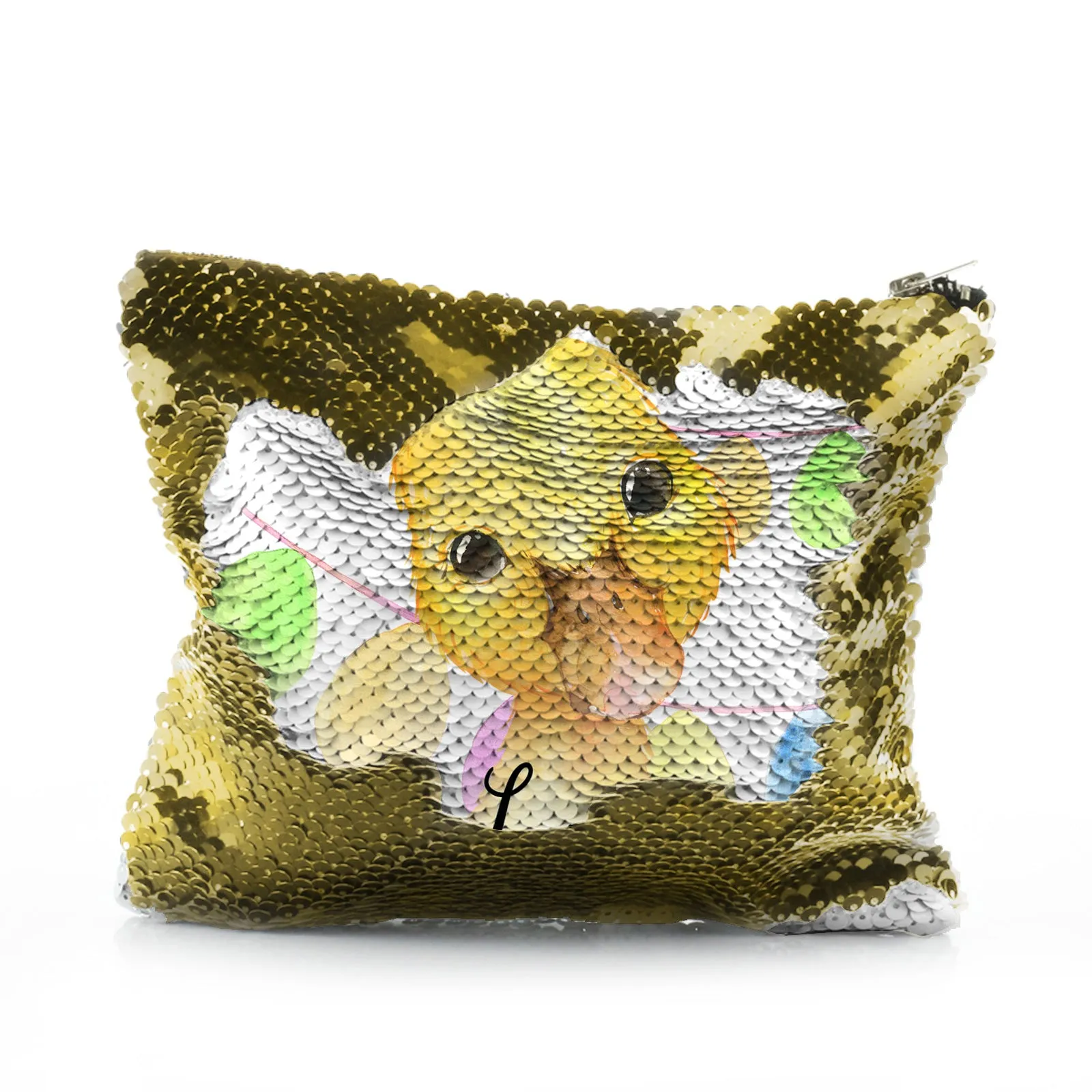 Personalised Sequin Zip Bag with Yellow Duck Multicolour Buntin and Cute Text