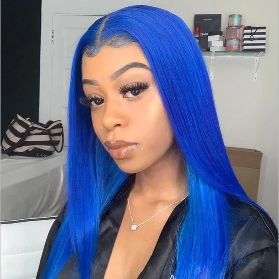 Peruvian Hair Sapphire Blue Straight Human Lace Front Wigs
