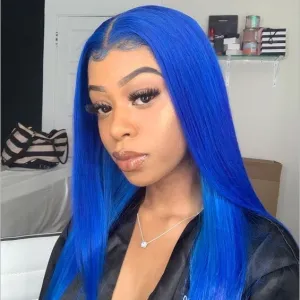 Peruvian Hair Sapphire Blue Straight Human Lace Front Wigs