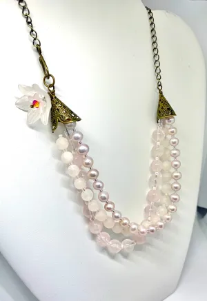 Pink Flower and Rose Quartz 3 Strand Necklace