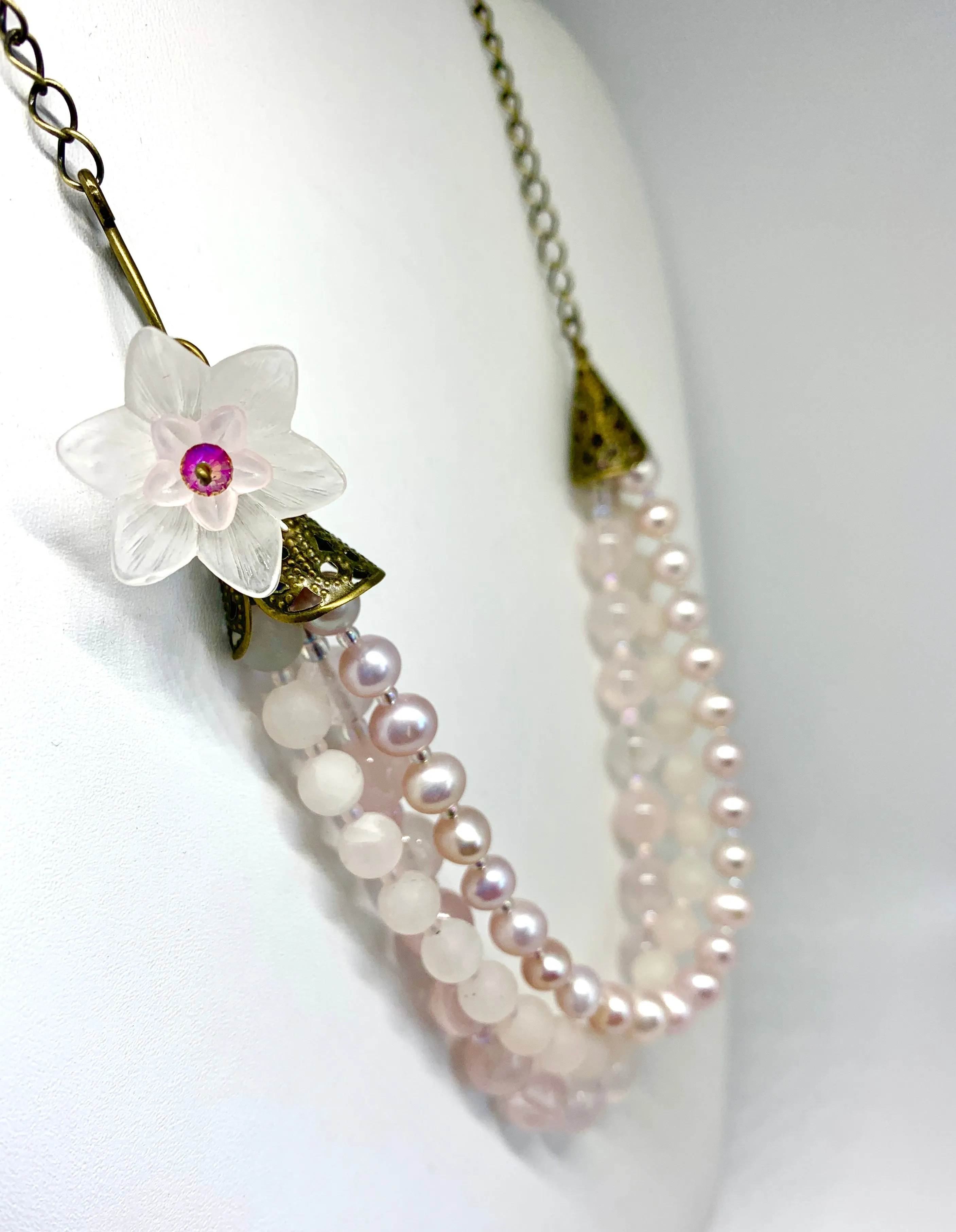 Pink Flower and Rose Quartz 3 Strand Necklace