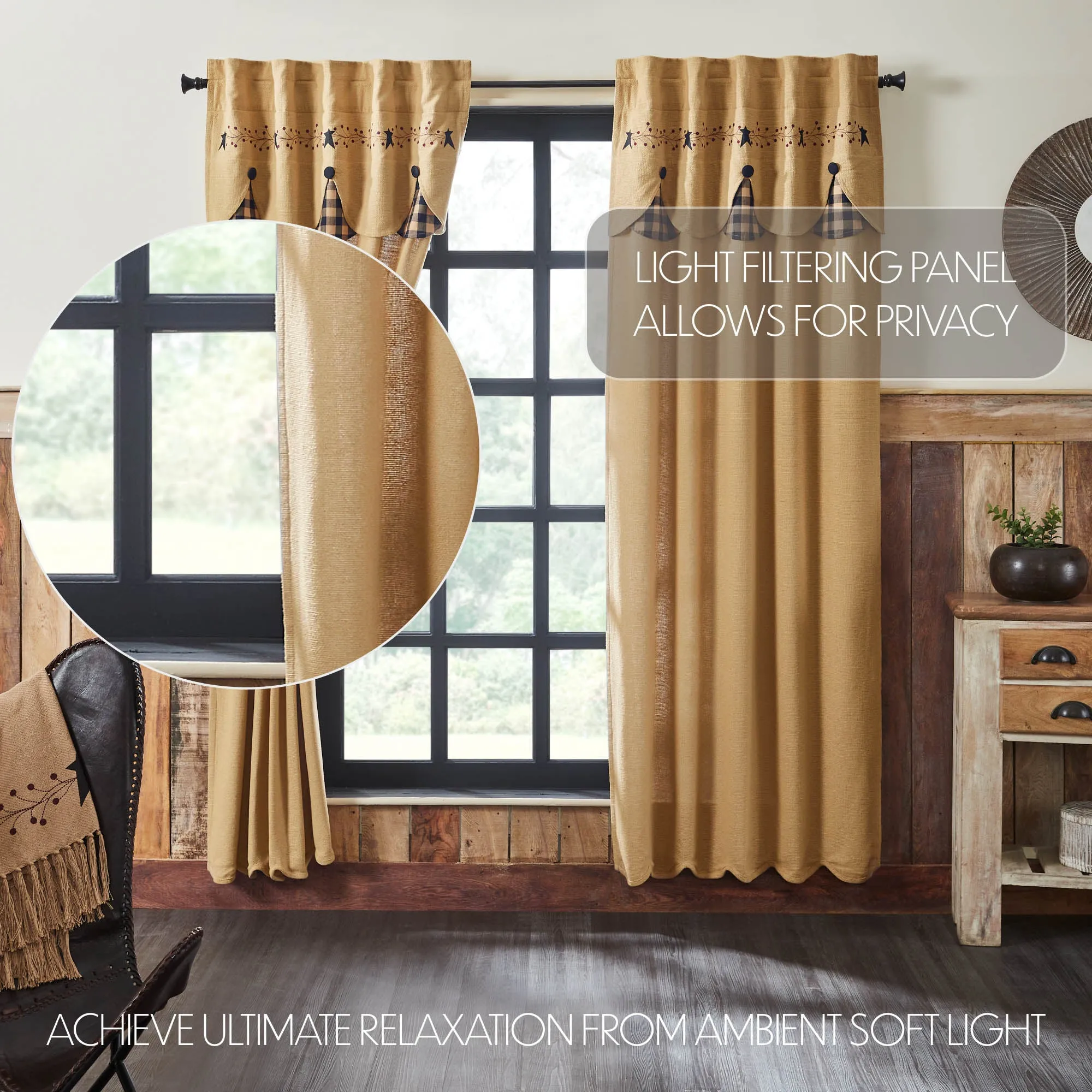 Pip Vinestar Panel with Attached Scalloped Layered Valance Set of 2
