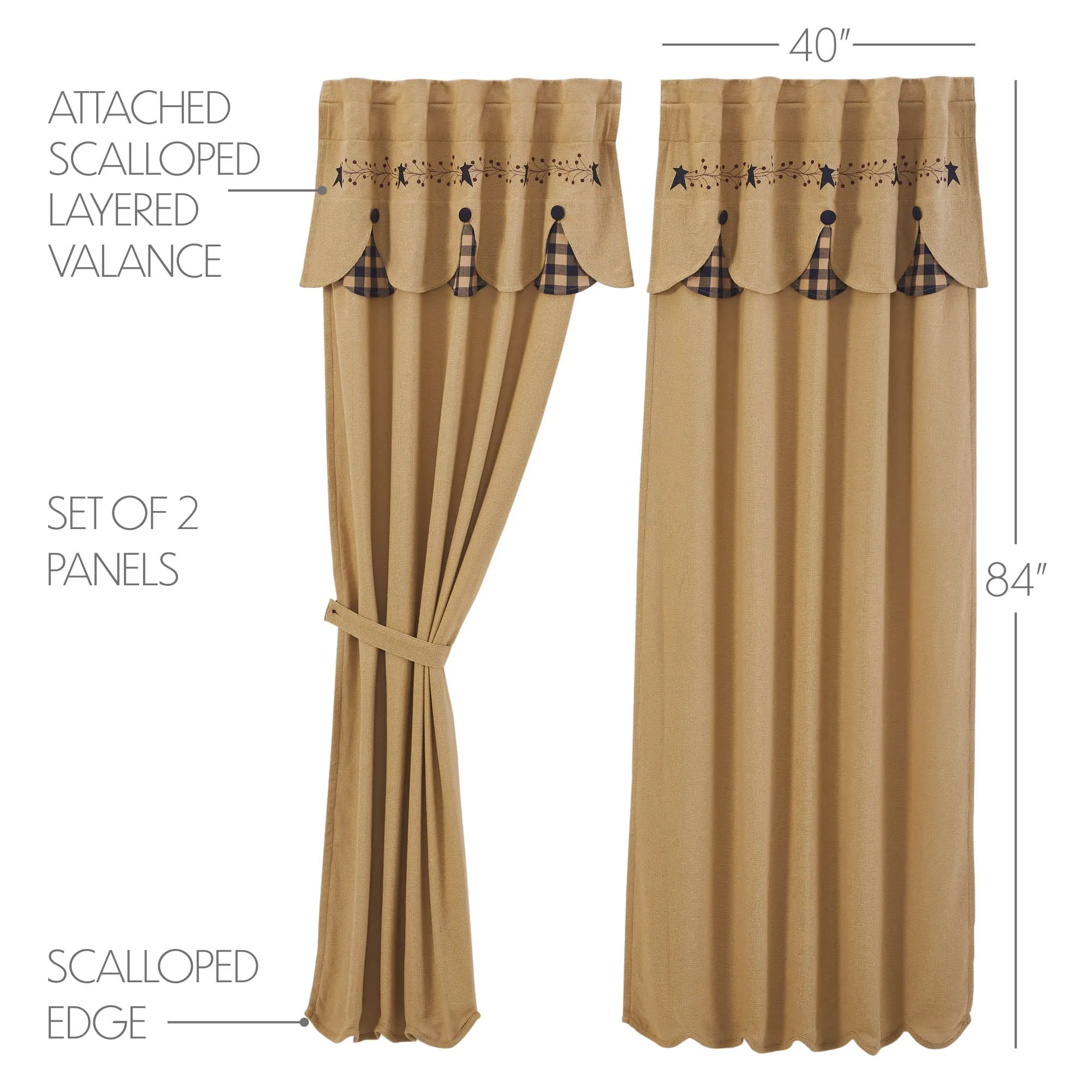 Pip Vinestar Panel with Attached Scalloped Layered Valance Set of 2