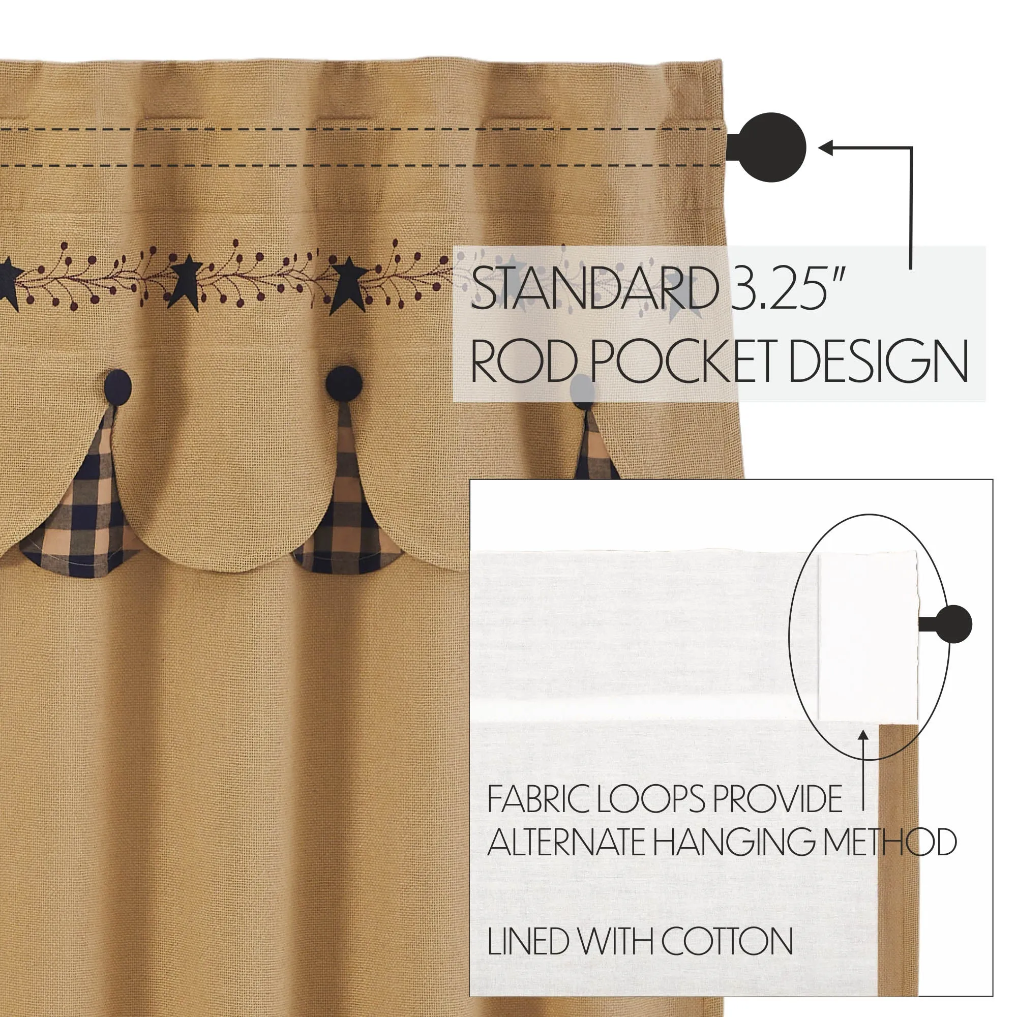 Pip Vinestar Panel with Attached Scalloped Layered Valance Set of 2