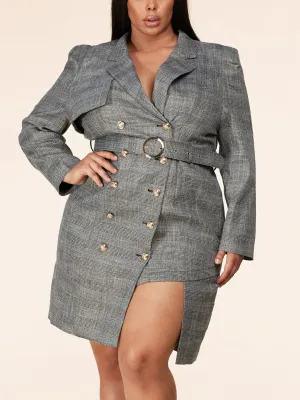 PLUS SIZE LONG SLEEVE V-NECK BUTTON CLOSURE SHIMMER BELT MINI DRESS