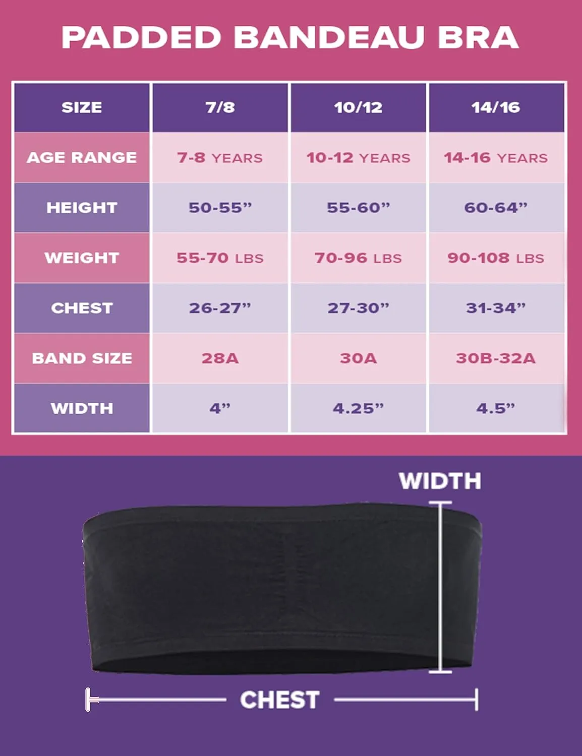 Popular Girl's Bandeau Bra with Removable Padding - Strapless Tube Bra for Girls and Teens, Seamless
