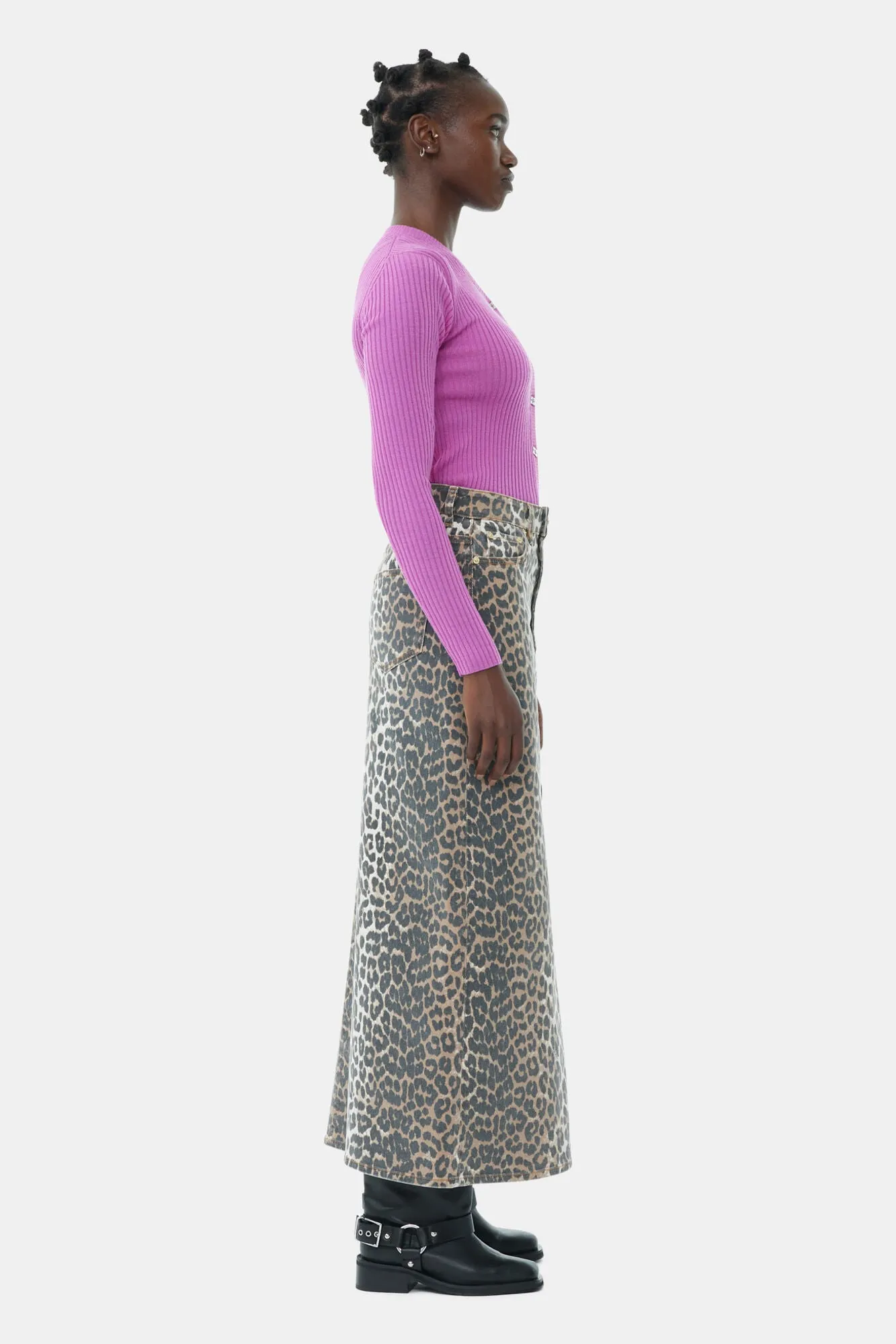Print Denim Maxi Skirt