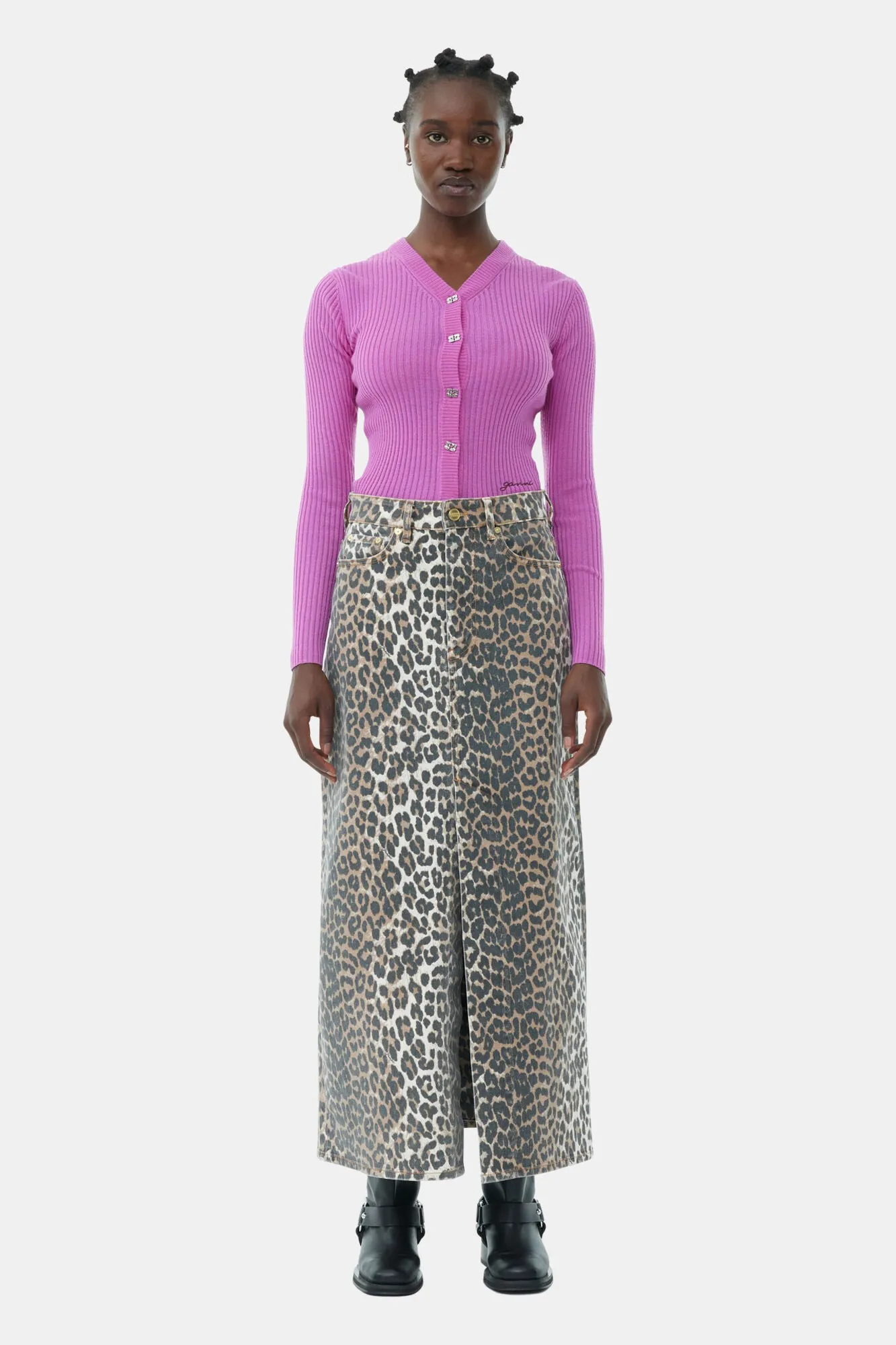 Print Denim Maxi Skirt