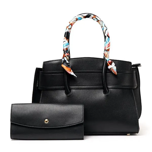 PU Leather Handbags For Women With Scarf 2 in 1 Set Tote Bags - Black