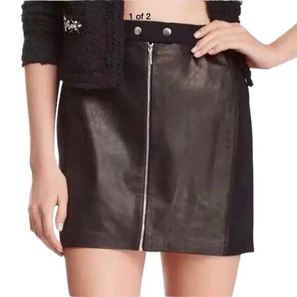 Rebecca Taylor Black Leather Panel Moto Mini Grunge Pencil Skirt Zip Front Sz 2