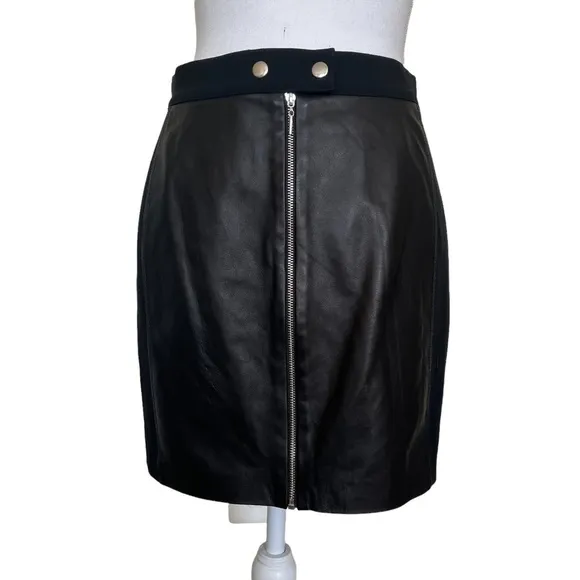 Rebecca Taylor Black Leather Panel Moto Mini Grunge Pencil Skirt Zip Front Sz 2