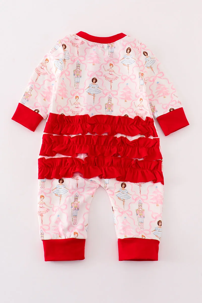 Red Nutcracker Print Ruffle Zip Girl Romper