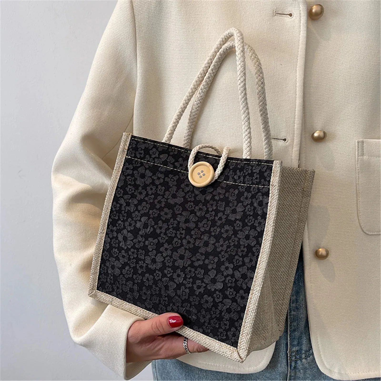 Retro Braided Pattern Jute Tote Bag Large Capacity Grocery Bag Women Handbag Beach Organizer Portable Shopping Bag Lunch Bag