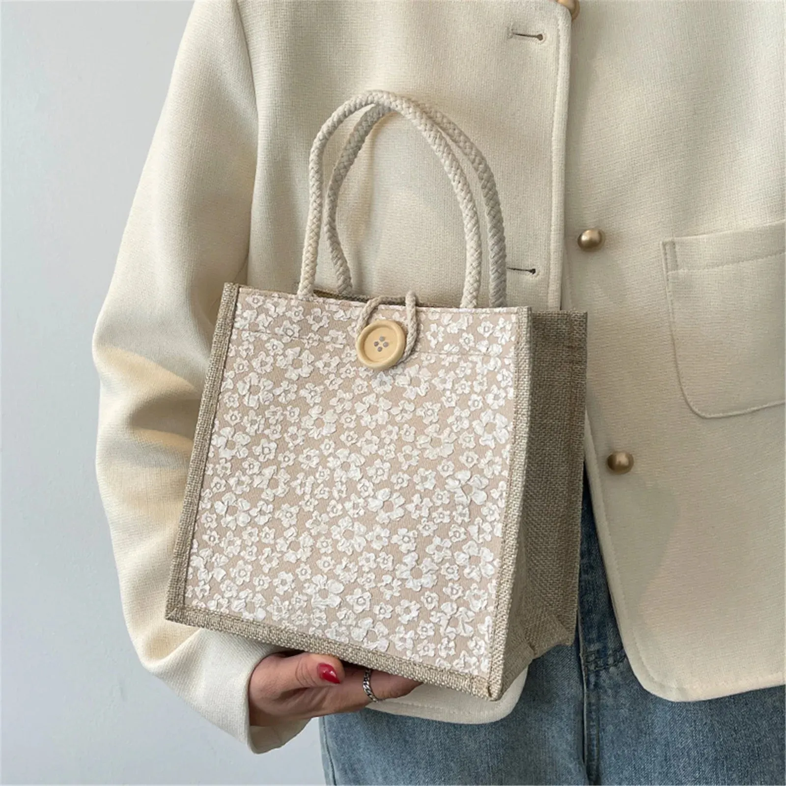 Retro Braided Pattern Jute Tote Bag Large Capacity Grocery Bag Women Handbag Beach Organizer Portable Shopping Bag Lunch Bag