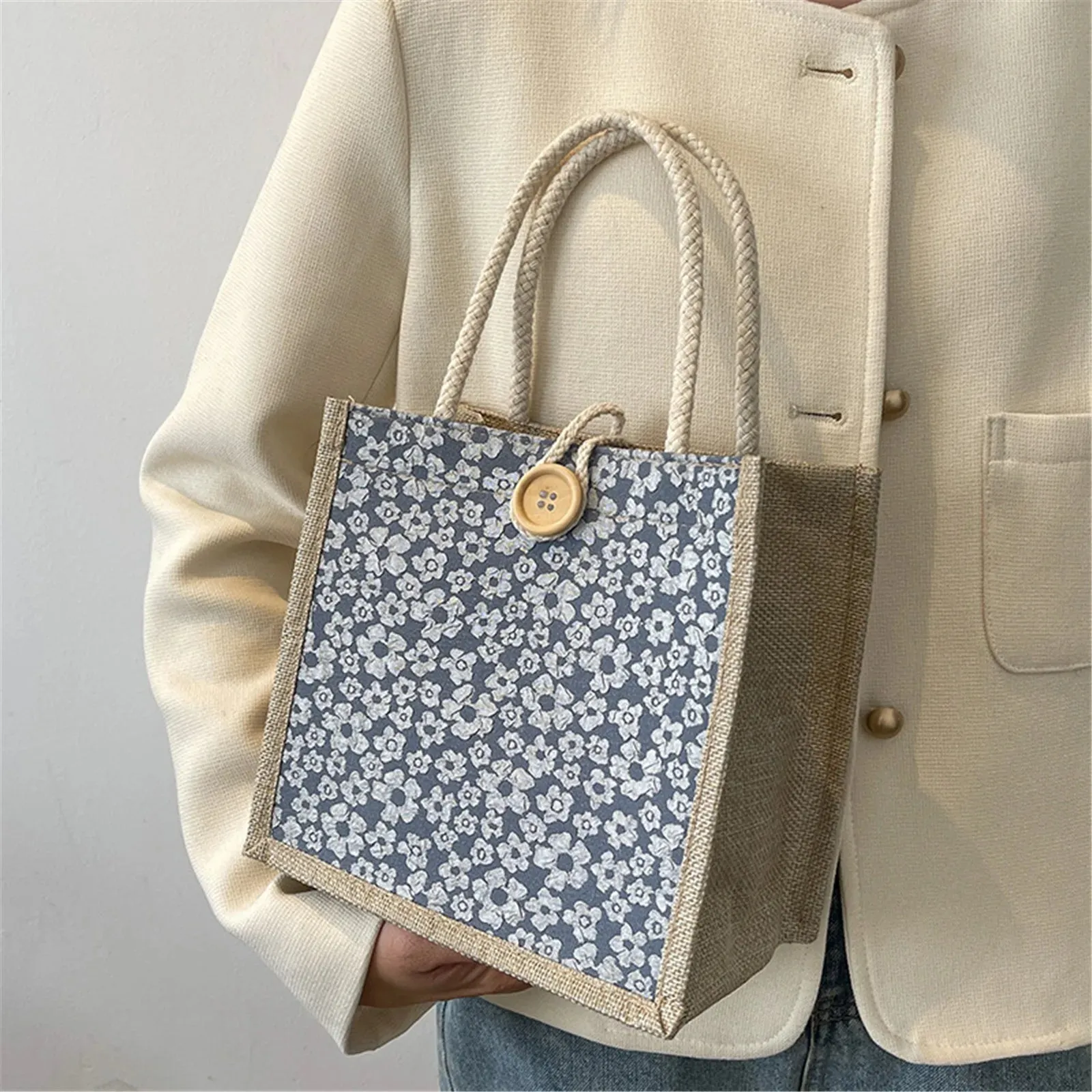 Retro Braided Pattern Jute Tote Bag Large Capacity Grocery Bag Women Handbag Beach Organizer Portable Shopping Bag Lunch Bag