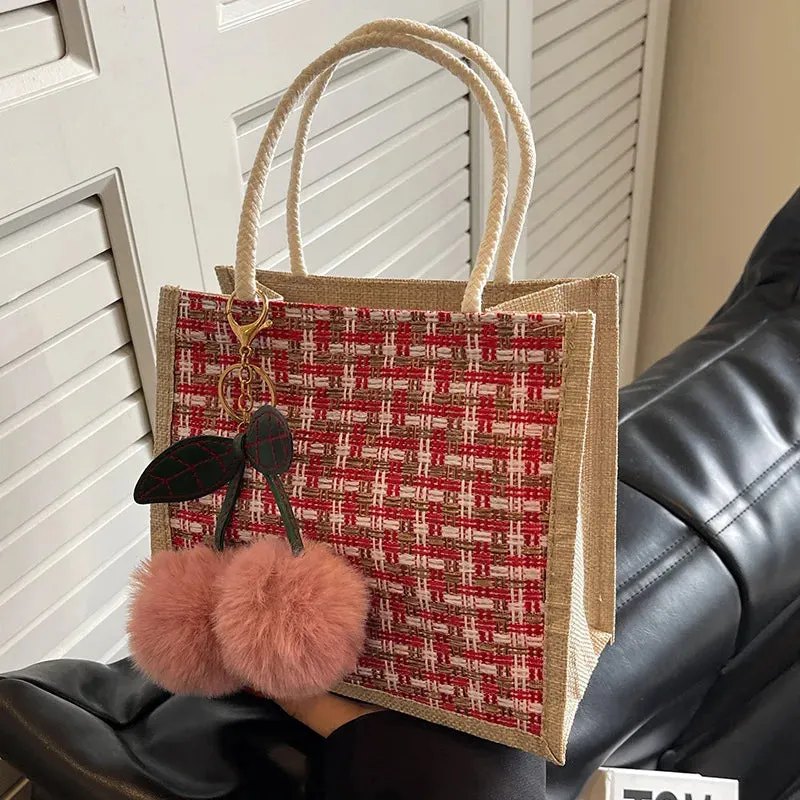 Retro Braided Pattern Jute Tote Bag Large Capacity Grocery Bag Women Handbag Beach Organizer Portable Shopping Bag Lunch Bag