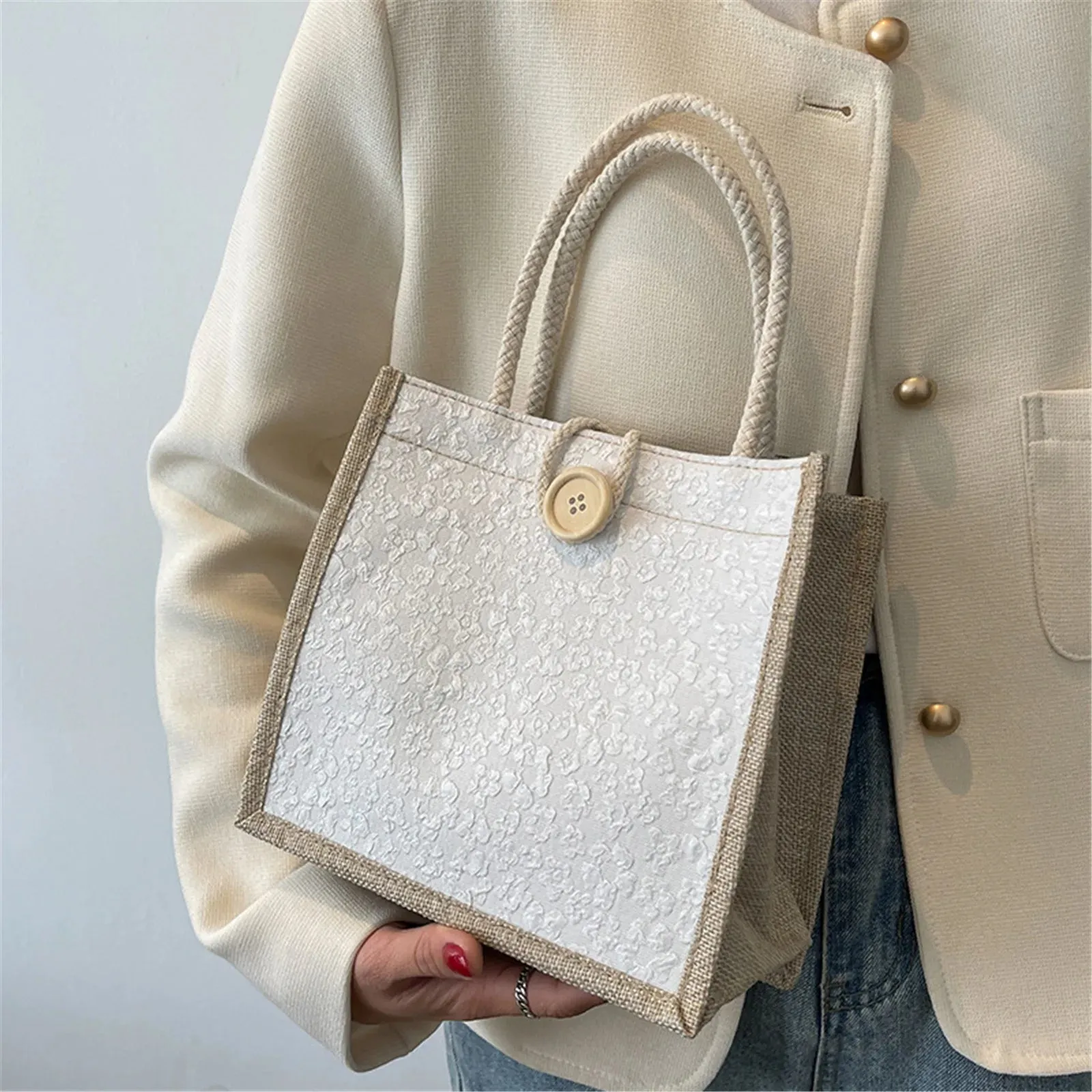 Retro Braided Pattern Jute Tote Bag Large Capacity Grocery Bag Women Handbag Beach Organizer Portable Shopping Bag Lunch Bag