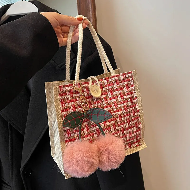 Retro Braided Pattern Jute Tote Bag Large Capacity Grocery Bag Women Handbag Beach Organizer Portable Shopping Bag Lunch Bag