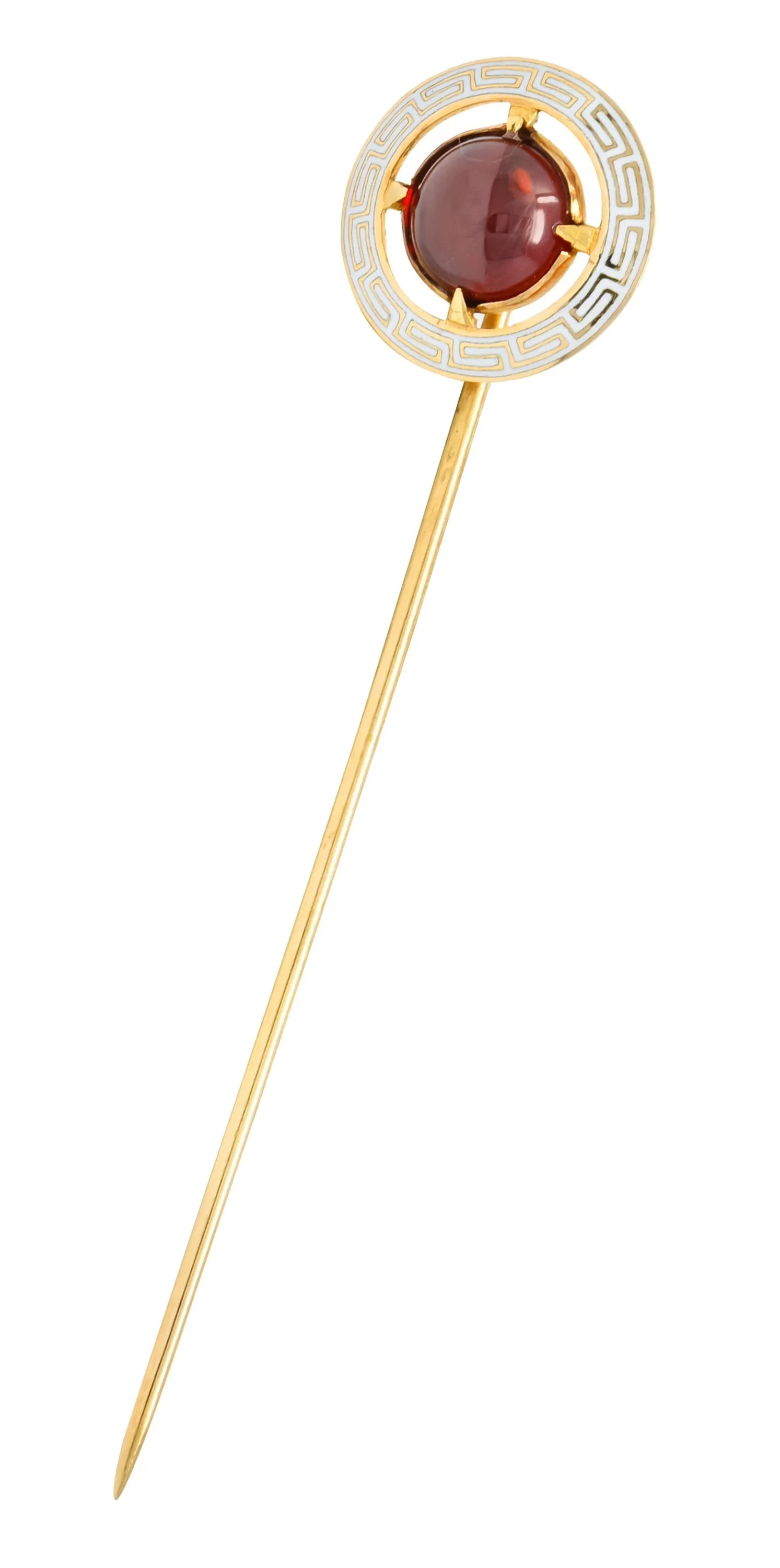 Riker Brothers Garnet Cabochon Enamel 14 Karat Gold Greek Key Stickpin