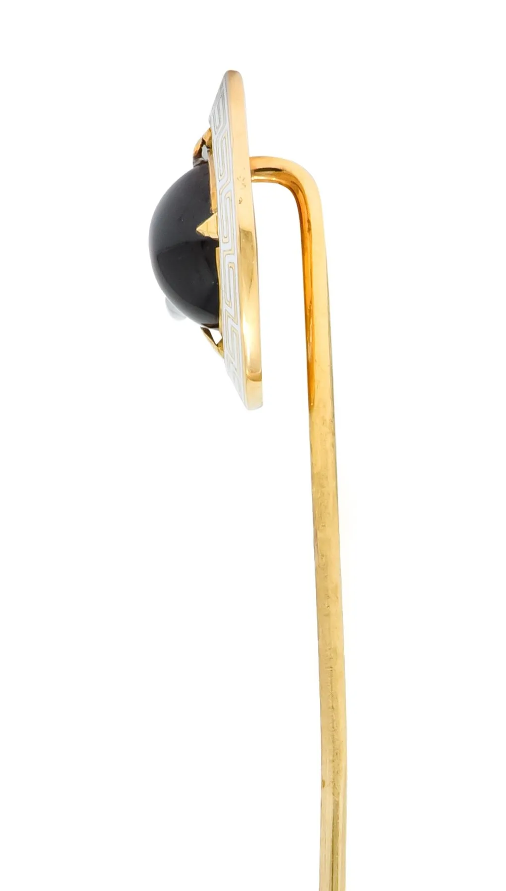 Riker Brothers Garnet Cabochon Enamel 14 Karat Gold Greek Key Stickpin