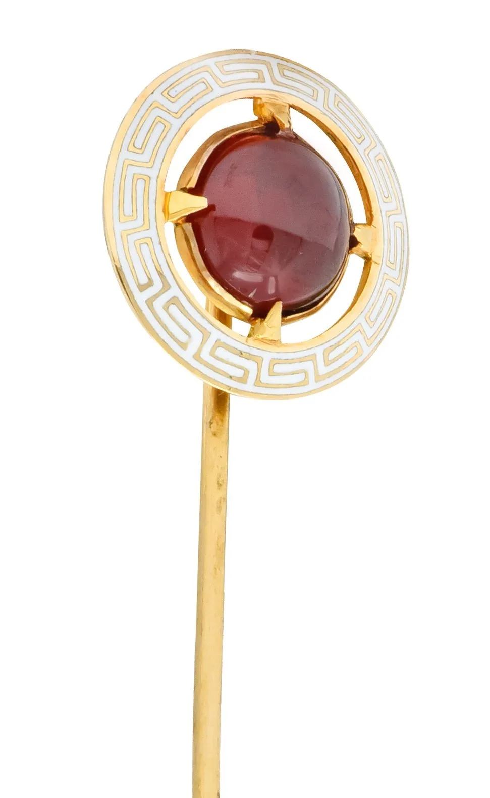 Riker Brothers Garnet Cabochon Enamel 14 Karat Gold Greek Key Stickpin