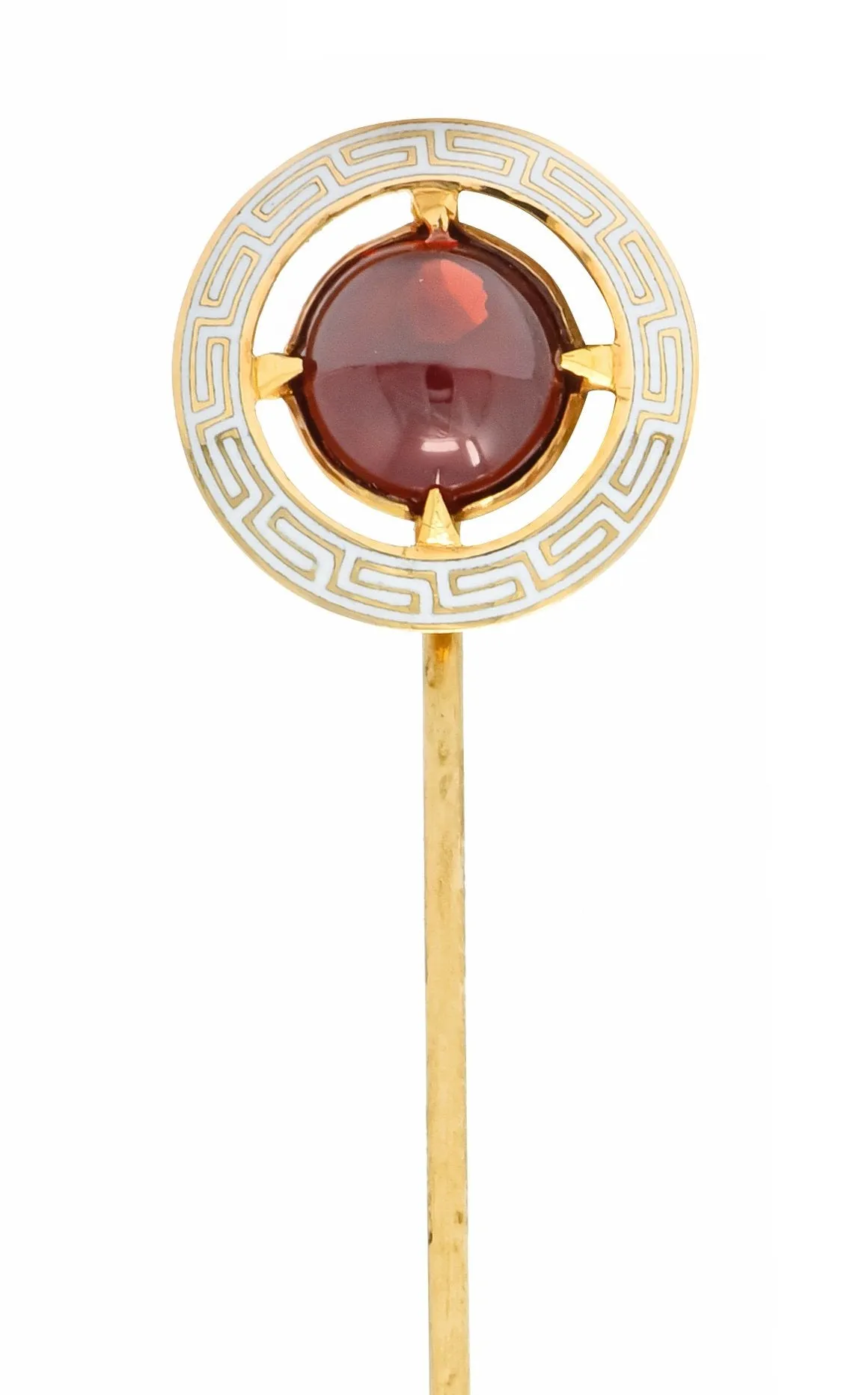 Riker Brothers Garnet Cabochon Enamel 14 Karat Gold Greek Key Stickpin