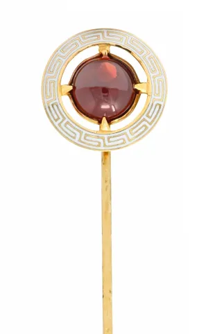 Riker Brothers Garnet Cabochon Enamel 14 Karat Gold Greek Key Stickpin