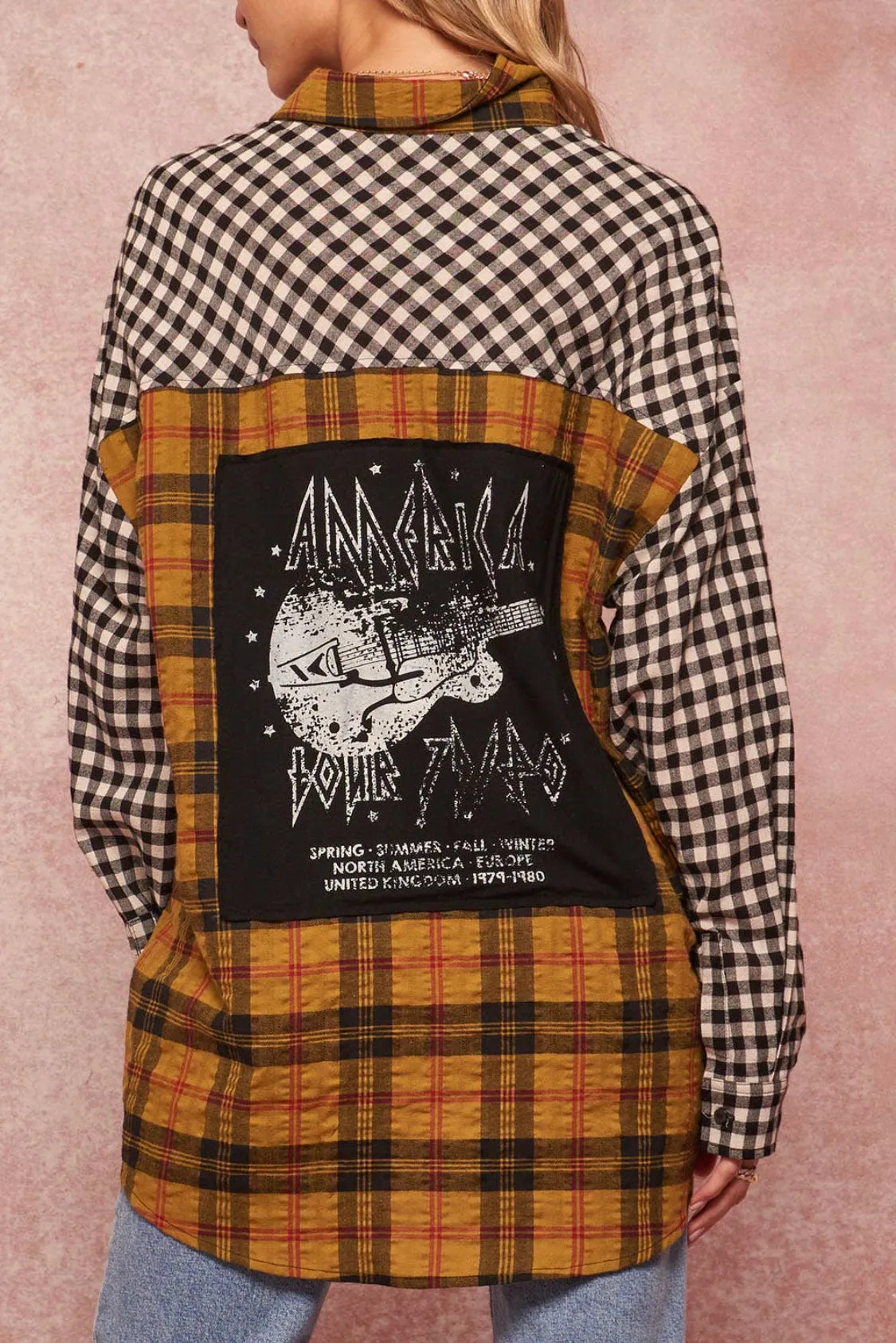 Rock America Graphic Print Oversized Plaid Shirt