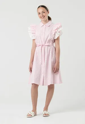 Schiffli Collared Button Tied Up Midi Dress