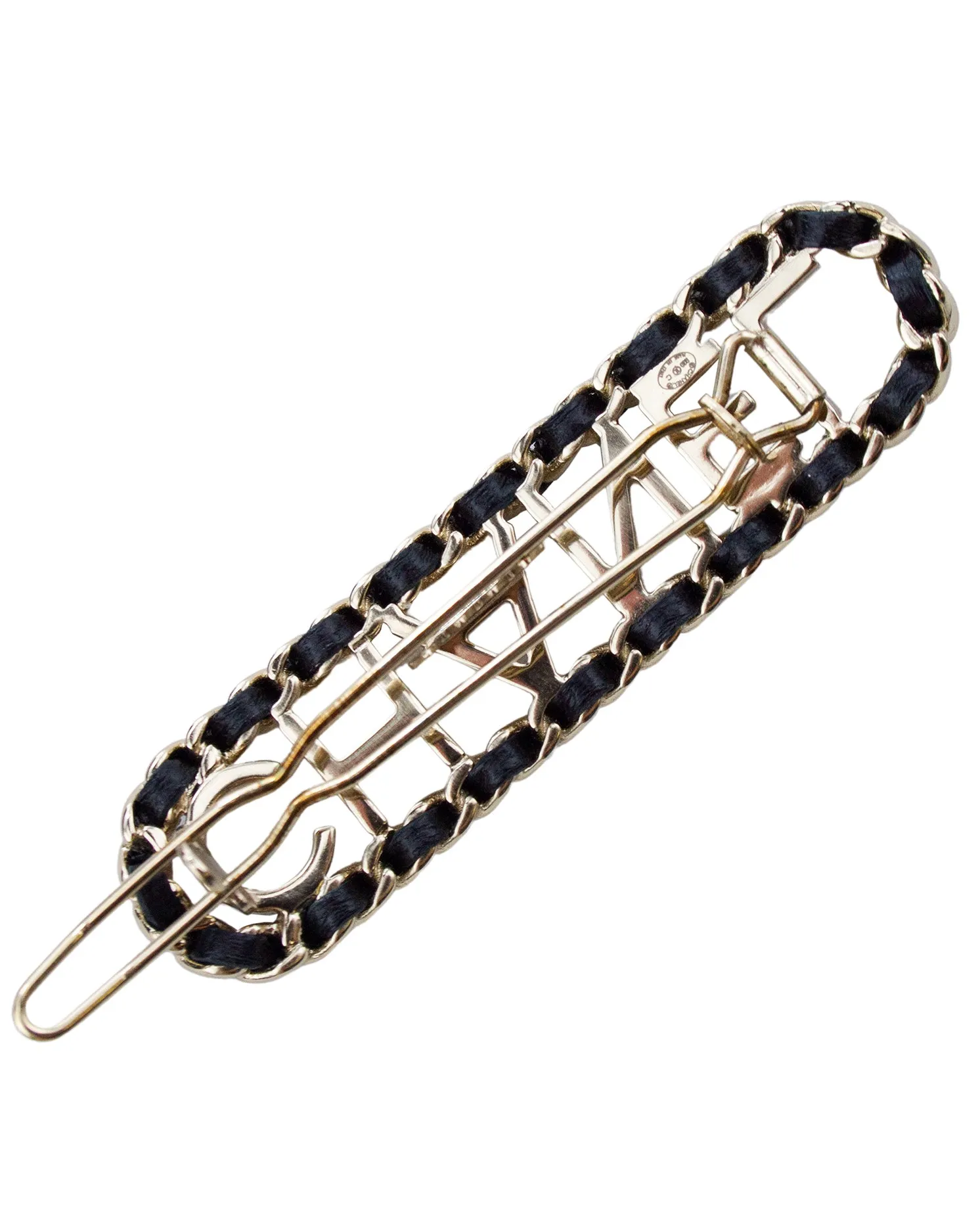 Silver Metal and Black Leather Hair Barrette