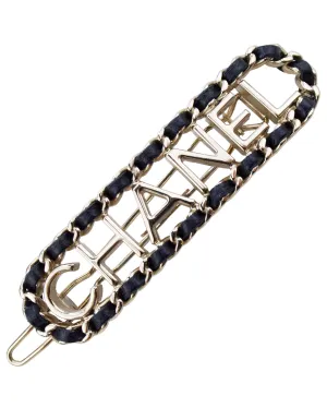 Silver Metal and Black Leather Hair Barrette