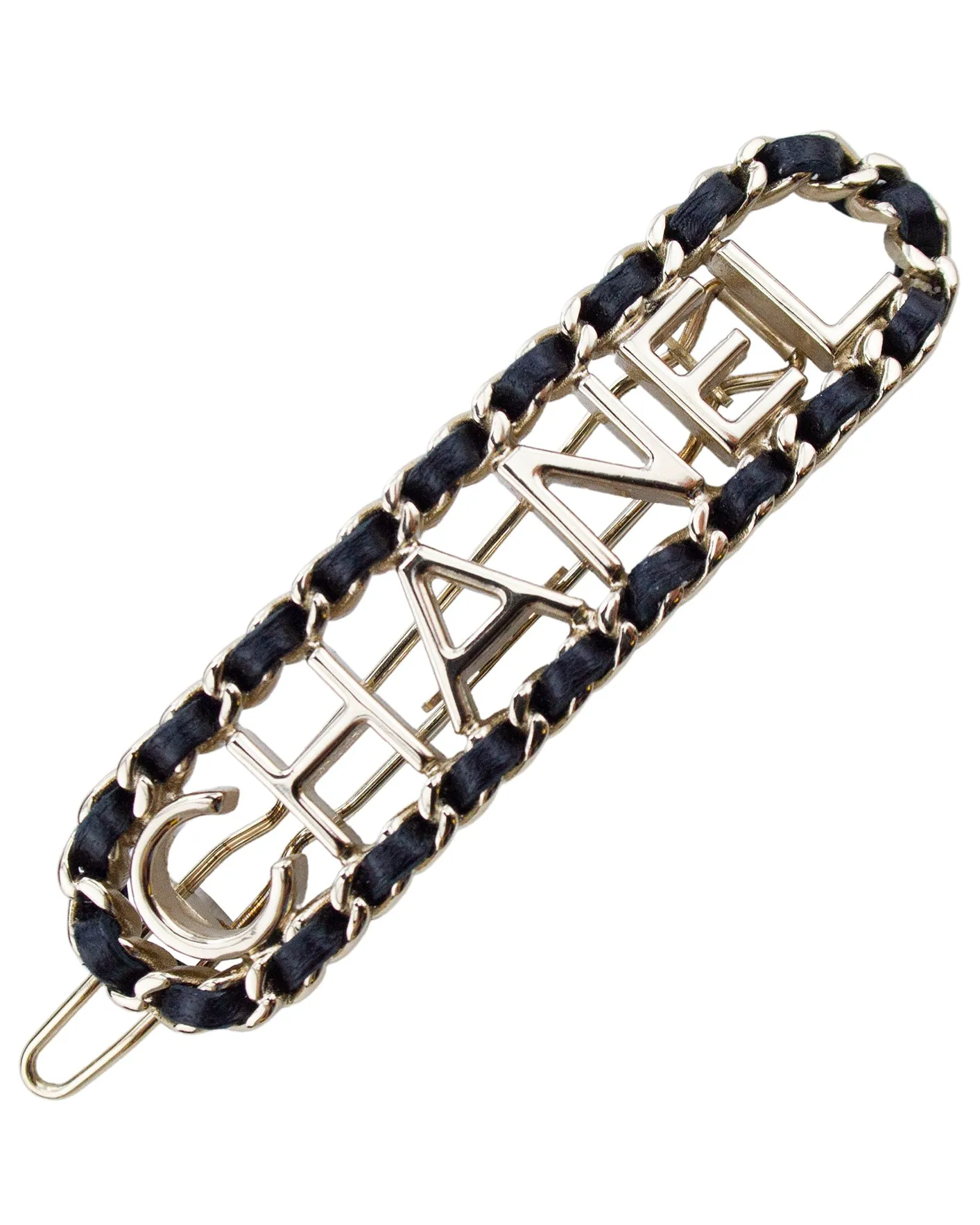 Silver Metal and Black Leather Hair Barrette