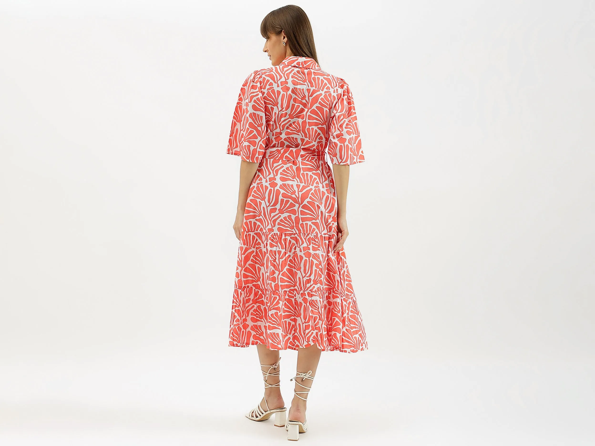 Spread Collar Printed Tiered Dress