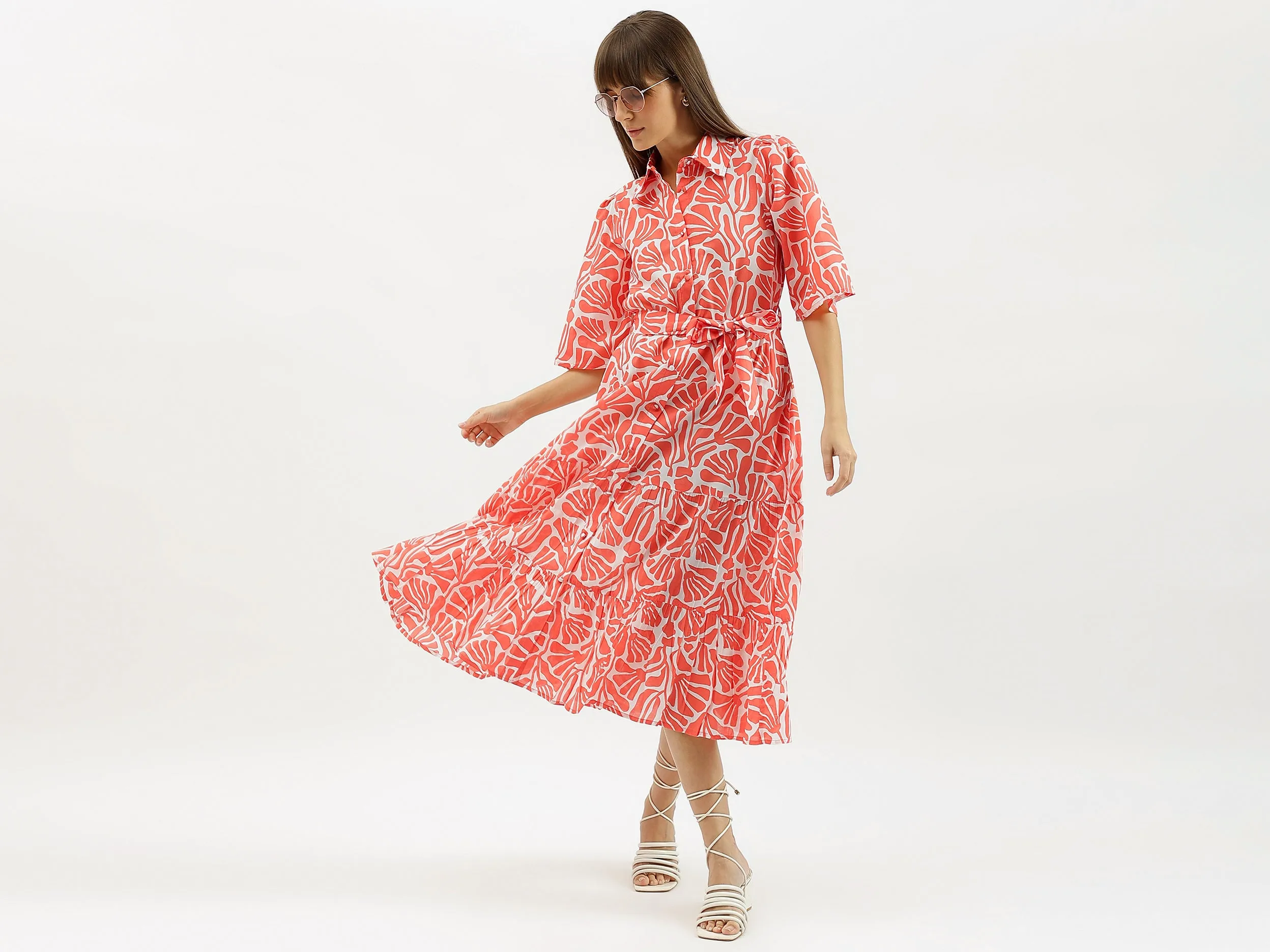 Spread Collar Printed Tiered Dress
