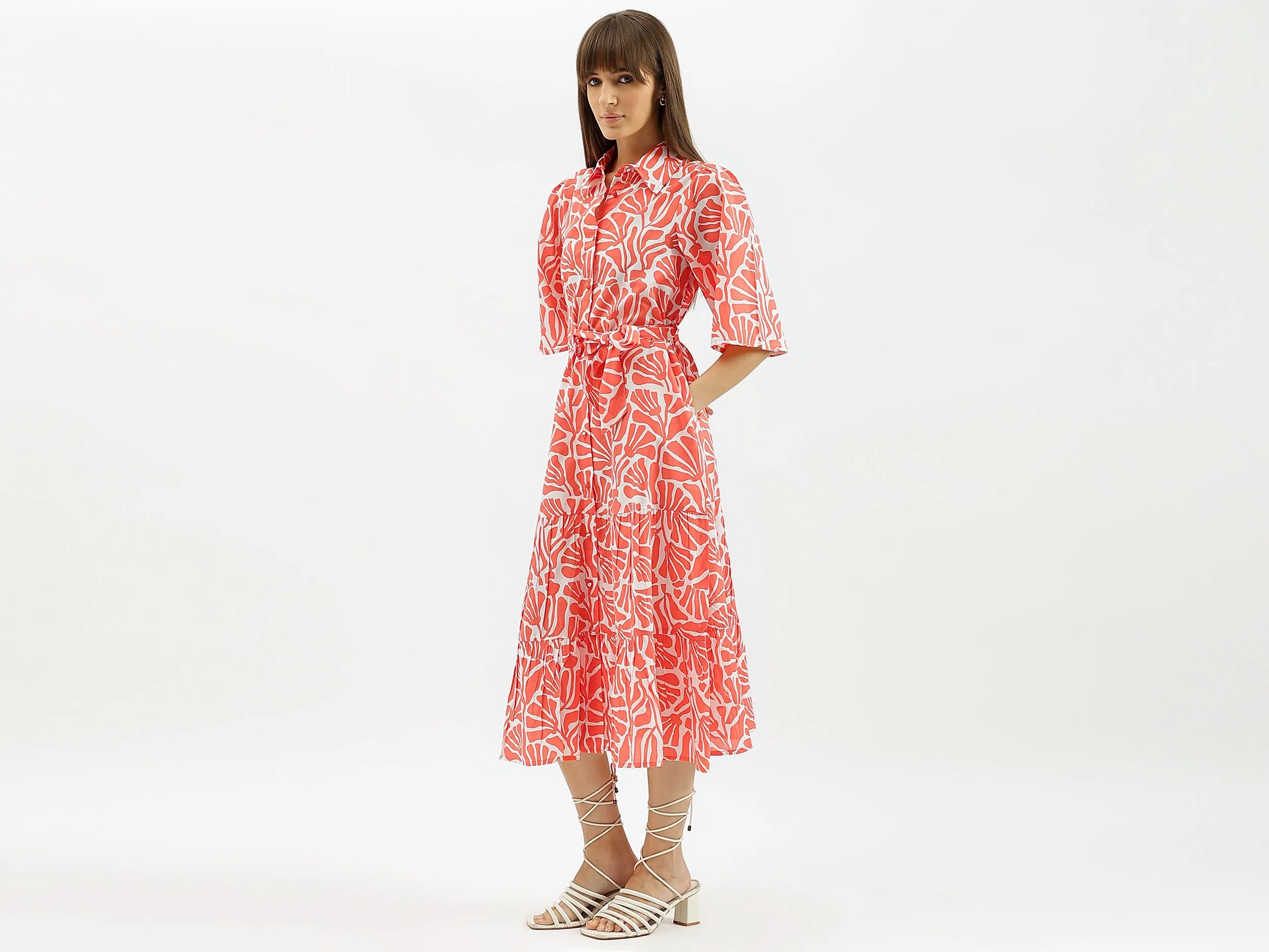 Spread Collar Printed Tiered Dress