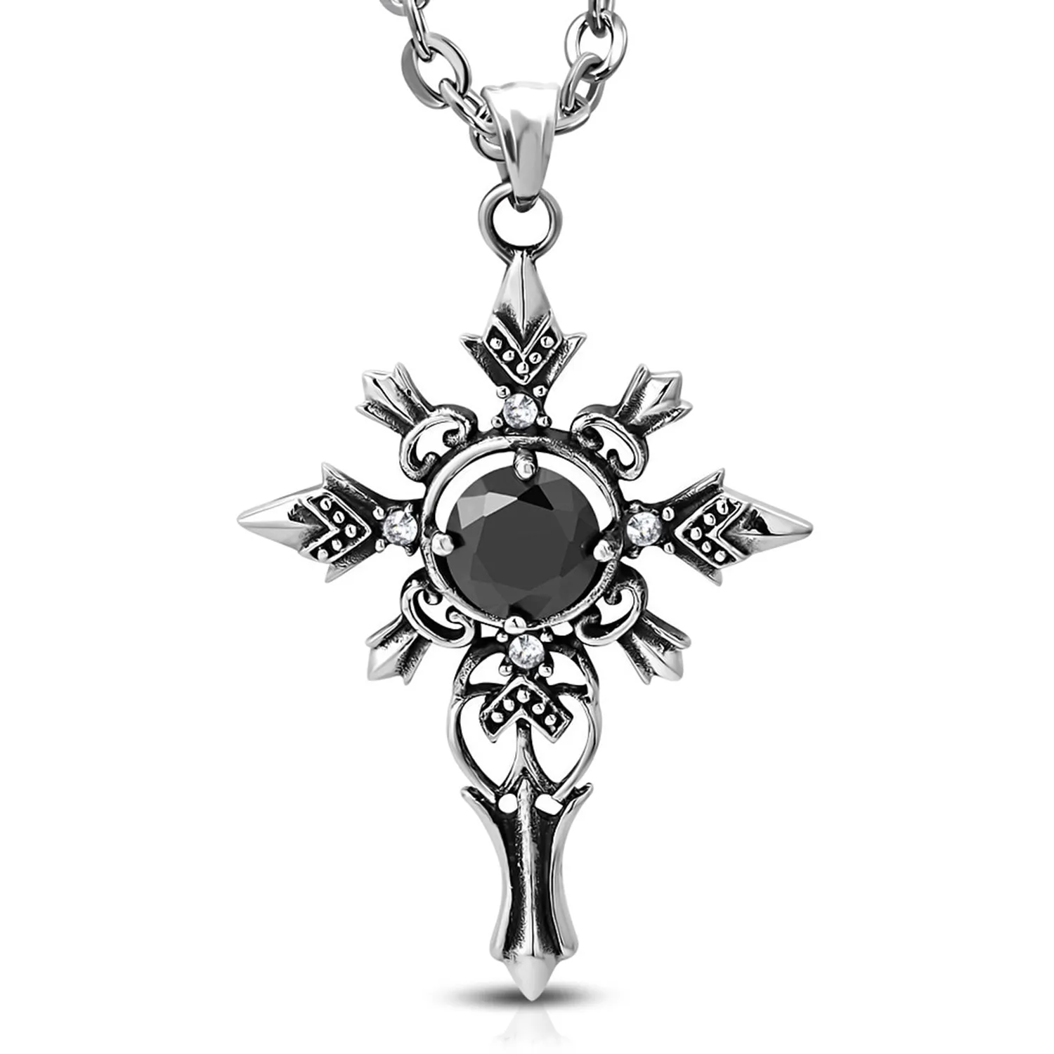 Stainless Steel Antique Vintage Cross of Valiance Cubic Zirconia Chain Pendant Necklace