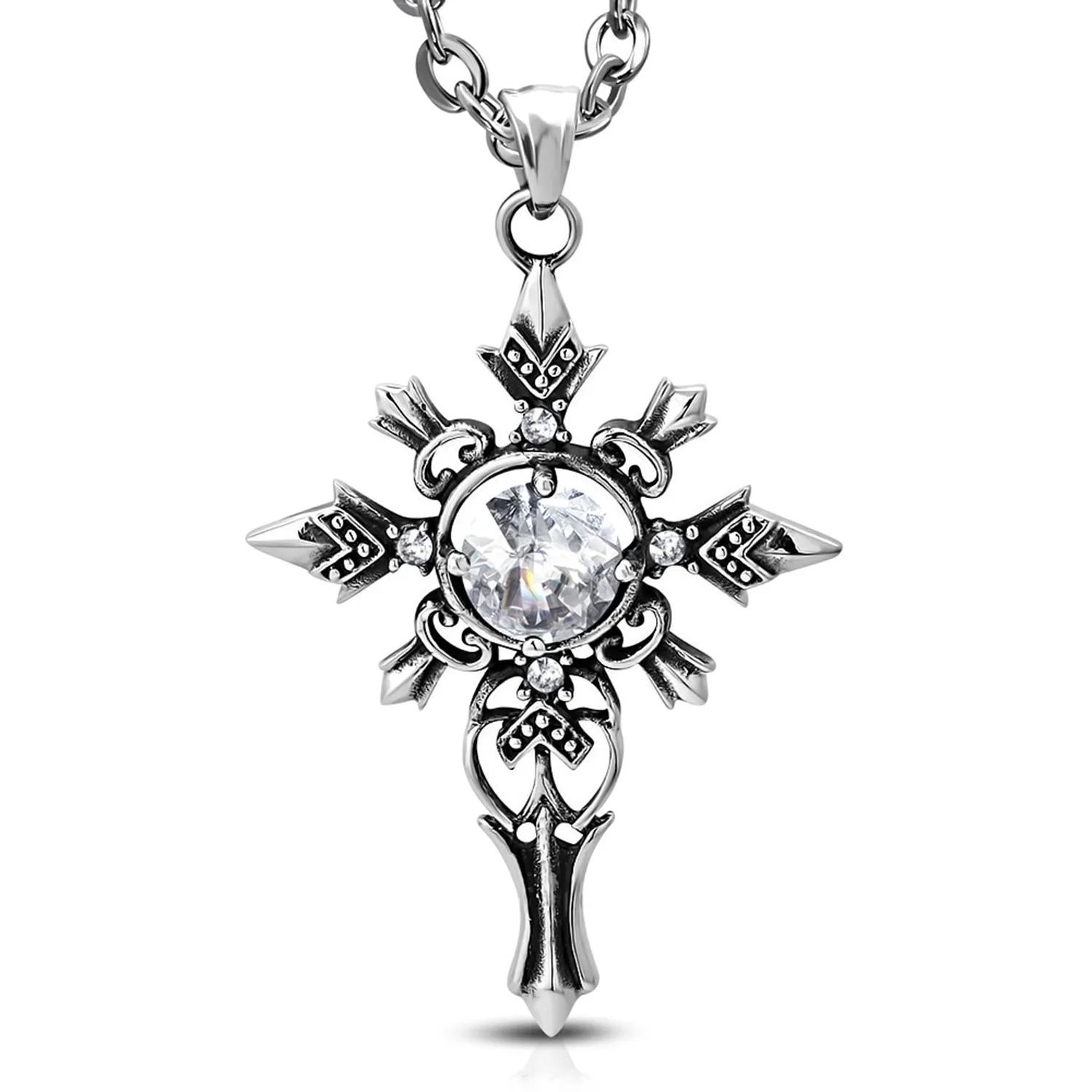 Stainless Steel Antique Vintage Cross of Valiance Cubic Zirconia Chain Pendant Necklace
