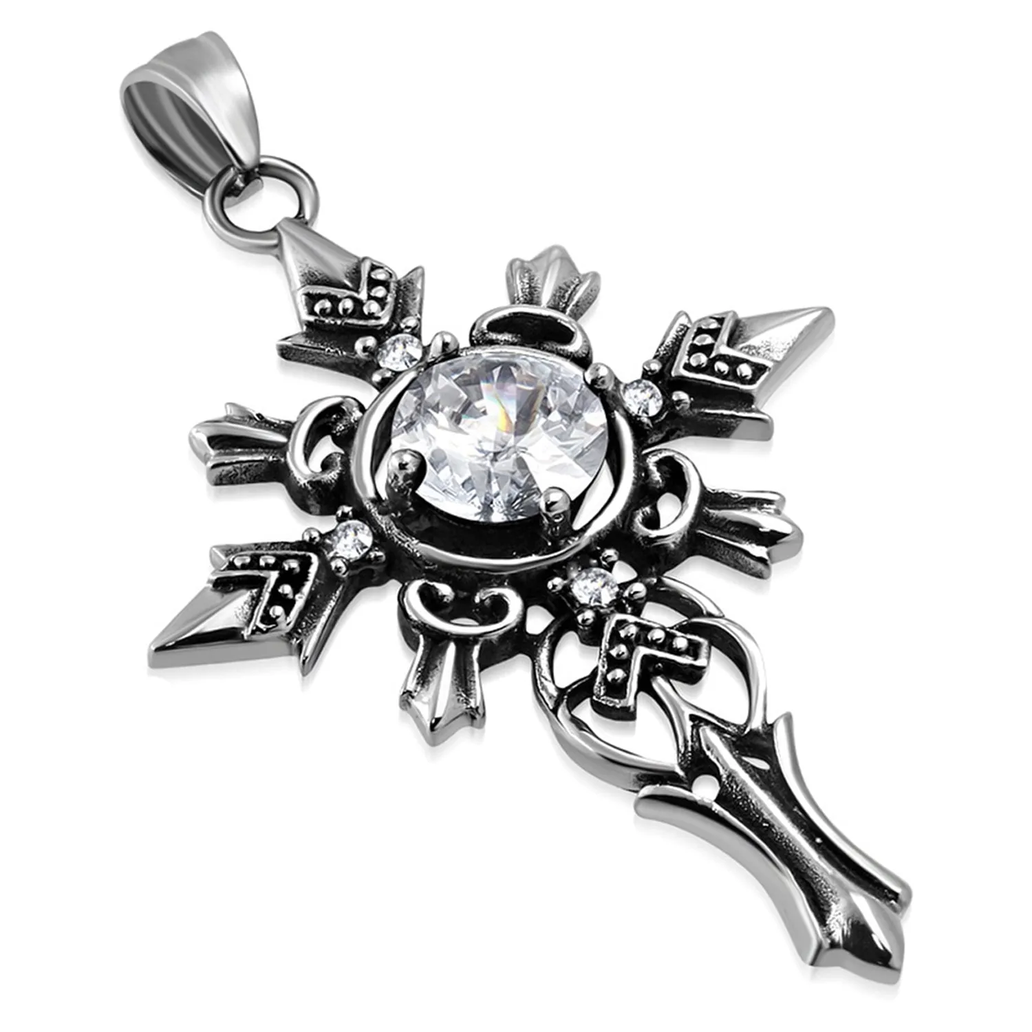 Stainless Steel Antique Vintage Cross of Valiance Cubic Zirconia Chain Pendant Necklace