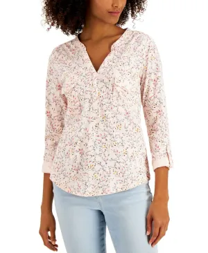 Style & Co. Cotton Roll Tab Split Neck Henley Knit Top