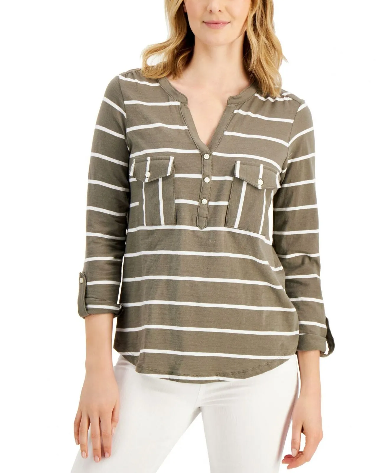 Style & Co. Cotton Roll Tab Split Neck Henley Knit Top